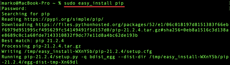 在 macOS 上通过 easy_install 安装 pip。