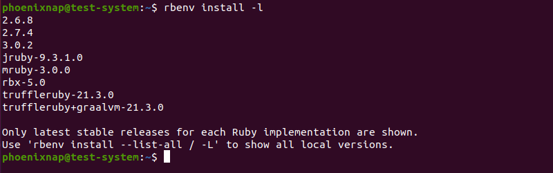 列出可通过 Rbenv 获得的所有 Ruby 版本