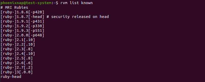 列出可通过 RVM 获得的所有 Ruby 版本