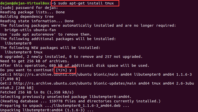 在 Ubuntu 上安装 tmux 的终端命令
