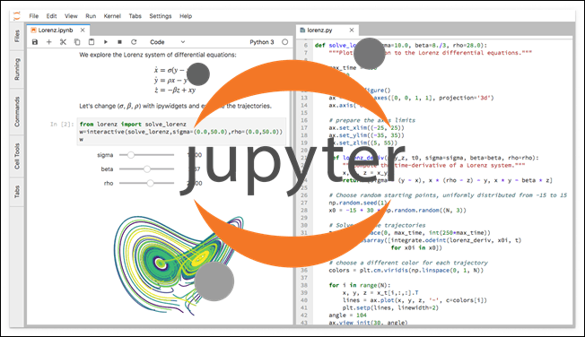 Jupyter IDE，左边是笔记本，右边是代码，中间是官方标志