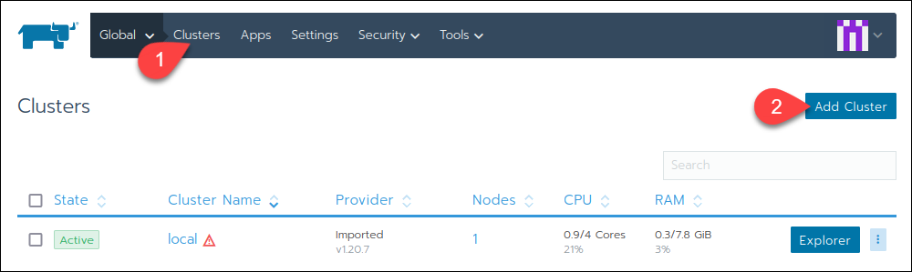 Rancher 图形界面中的 Clusters 部分，右侧有 Add Cluster 按钮