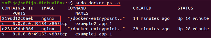 列出所有 Docker 容器以验证你是否拥有两个具有 Web 服务的容器。