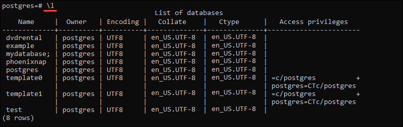 输出显示 PostgreSQL 中所有数据库的列表