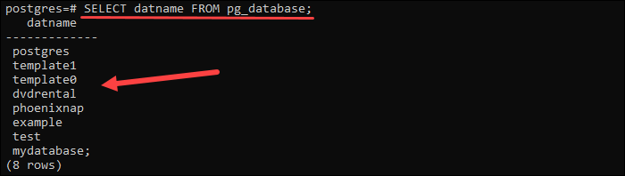 使用 SELECT 语句列出 psql 中的所有数据库。
