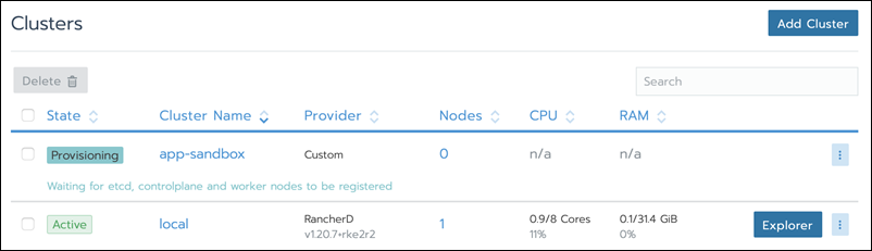 Rancher 中的集群列表，列表中有新创建的集群。