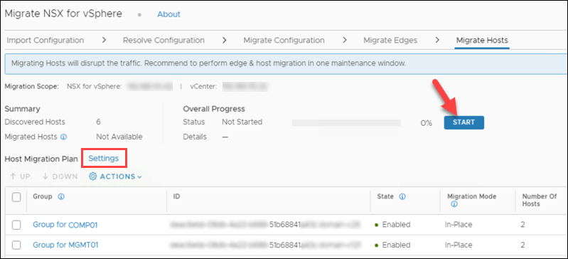 迁移 NSX 主机 UI 开始步骤