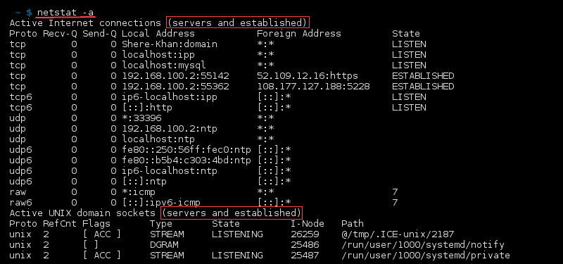 命令 netstat -a 的终端输出