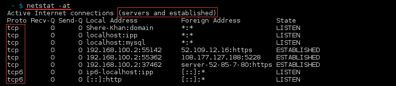 命令 netstat -at 的终端输出