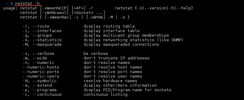 命令 netstat -h 的终端输出