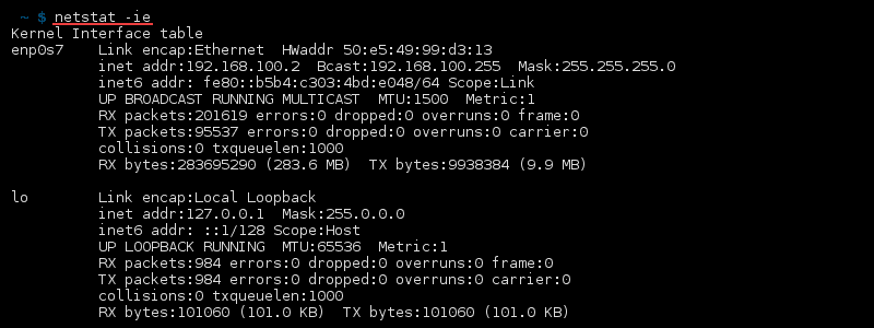 命令 netstat -ie 的终端输出