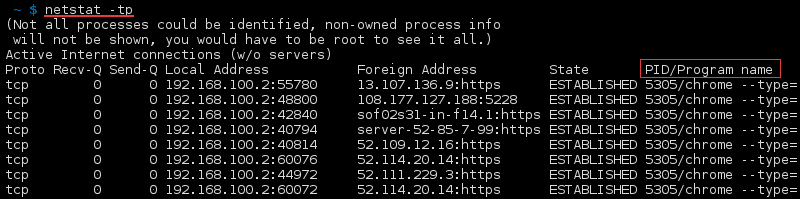 命令 netstat -tp 的终端输出