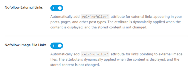 RankMath SEO 中的 Nofollow 外部链接和 Nofollow 图像文件链接。
