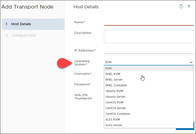 传输节点的 NSX-T UI 操作系统选择。 