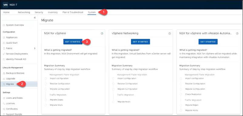 GUI 中的 NSX-T 迁移选项。