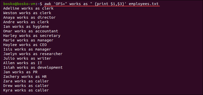 awk 中 ofs 变量的示例。