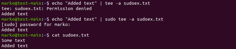 使用 sudo 命令获取 tee 命令的写访问权限