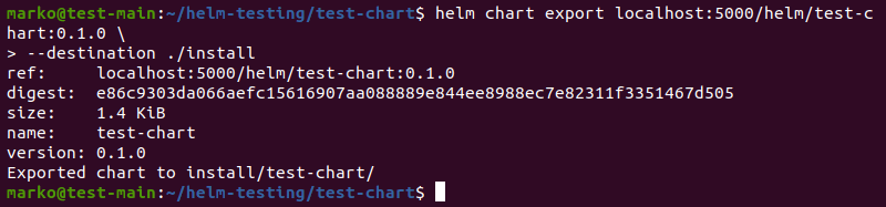 使用 helm chart export 命令和 --destination 标志将 Helm chart 导出到本地文件系统上的目录。