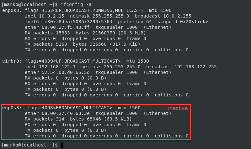 使用带有 -a 选项的 ifconfig 查看 CentOS 7 中的活动和非活动界面