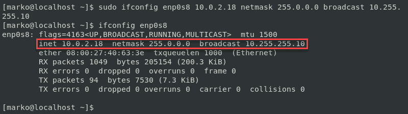 一行更改 IP 地址、网络掩码和广播后 ifconfig 的输出