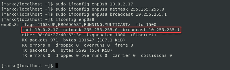 更改 IP 地址、网络掩码和广播后 ifconfig 的输出