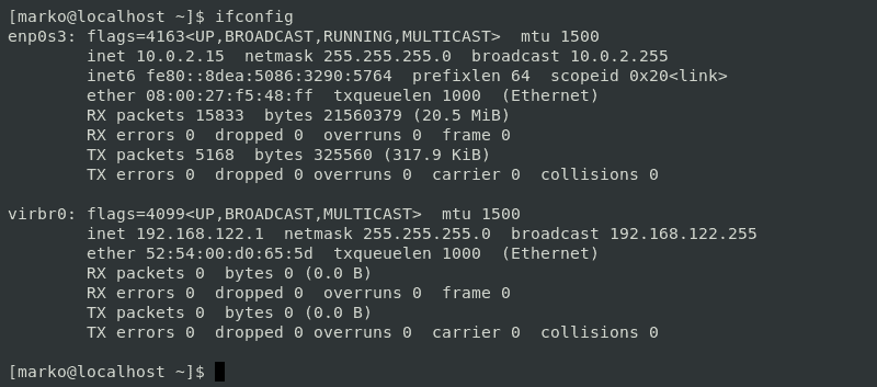 在 CentOS 7 中使用不带任何参数的 ifconfig