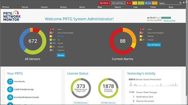 Paessler PRTG Network Monitor 中的性能概览仪表板。