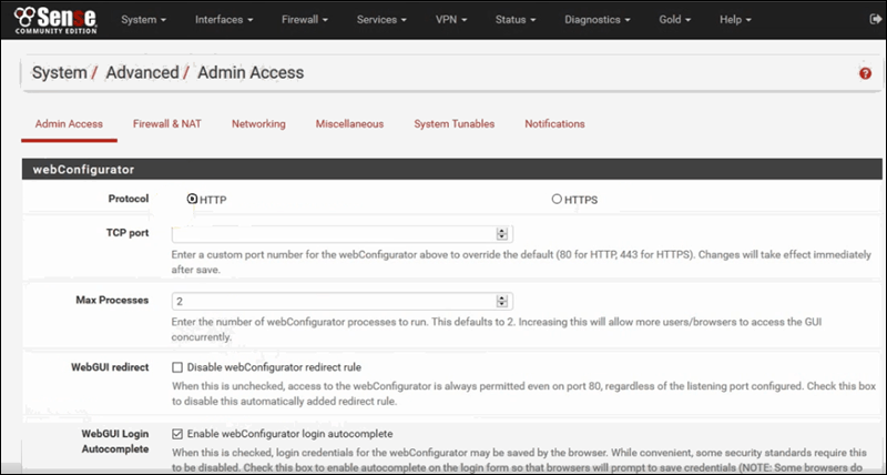 pfSense WebGUI 网络界面。