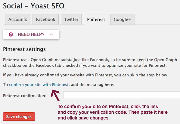 Yoast SEO 中的 Pinterest 设置。