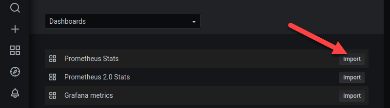 在 Grafana 数据源的 Prometheus 部分选择仪表板