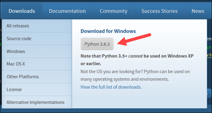 版本 3.8.3 的 Python 下载页面