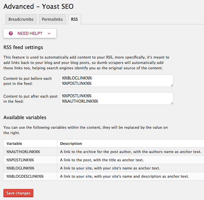 Yoast SEO 中的 RSS 设置。