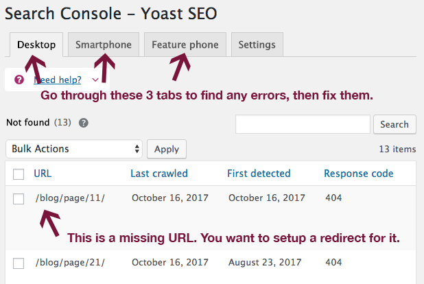 Yoast SEO 中的 Search Console 错误。
