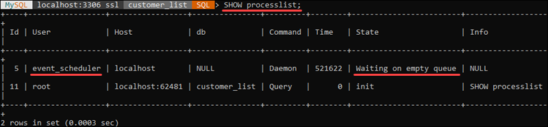 检查 MySQL shell 中的事件调度程序状态。
