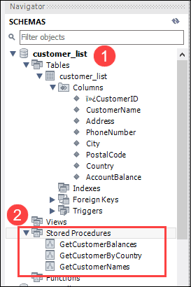 使用 MySQL Workbench 查看单个数据库中的存储过程。