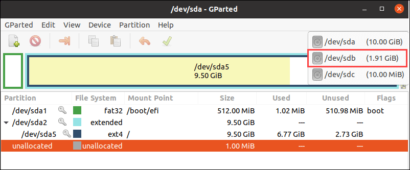 在 GParted 工具中选择 USB 驱动器。