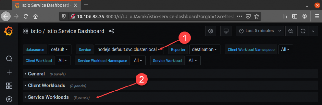 选择服务 nodejs.default.svc.cluster.local 并转到 Service Workloads
