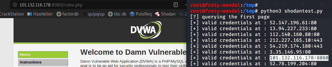 使用 Shodan API 搜索易受攻击的 DVWA 实例的 Python 脚本结果