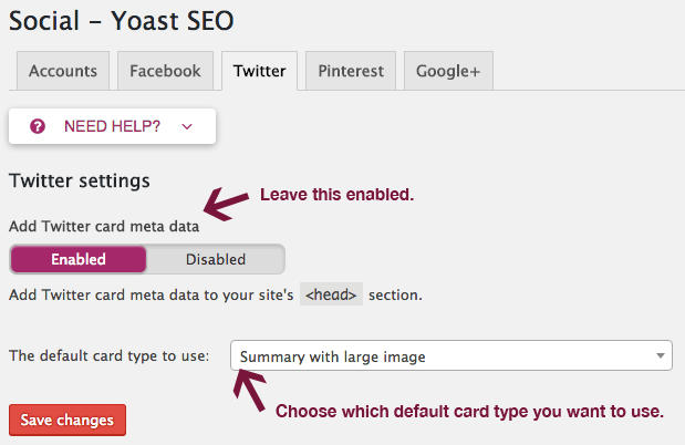 Yoast SEO 中的 Twitter 设置。