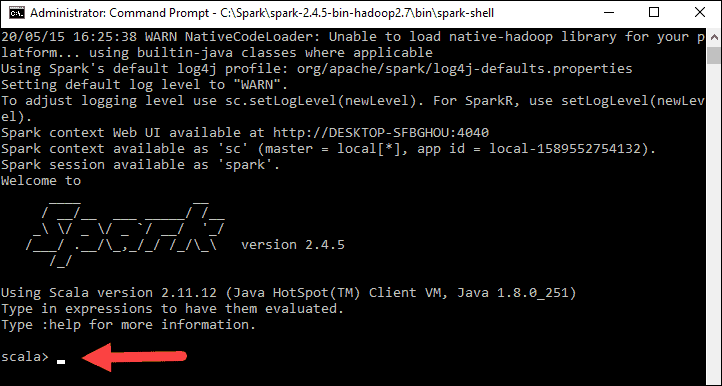 在 Windows 中启动 apacheSpark 后的 Scala shell