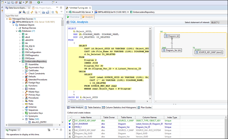 SQL 诊断管理器的 SQL 查询调优器中的查询分析和调优。