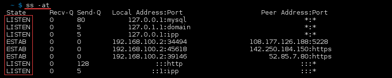命令 ss -at 的终端输出
