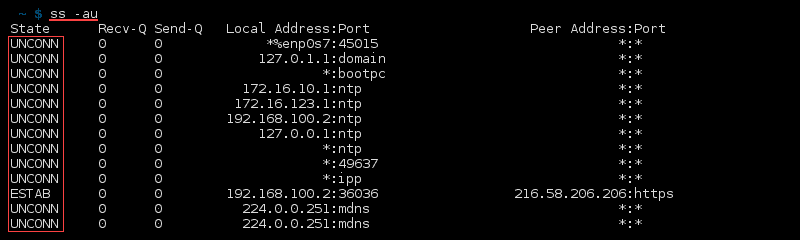 命令 ss -au 的终端输出