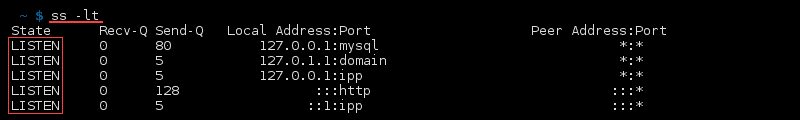 命令 ss -lt 的终端输出