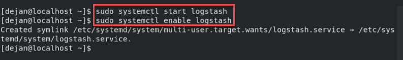 启动和启用 Logstash 服务的终端命令。