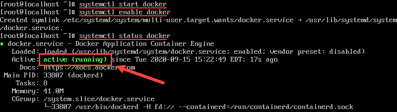 在 CentOS 上启动 Docker 服务。