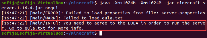 Minecraft 服务器 EULA 错误。