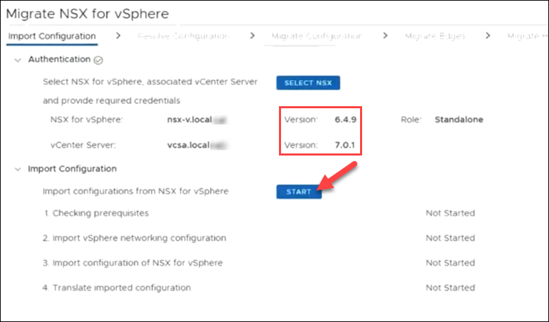 NSX-V 版本和 GUI 中的迁移开始按钮。 