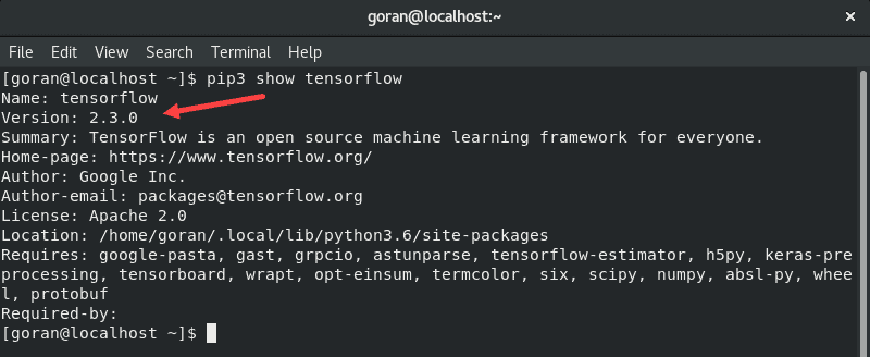 CentOS 终端中的 TensorFlow 版本