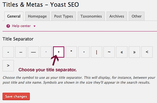Yoast SEO Titles & Metas General 选项卡中的标题分隔符。